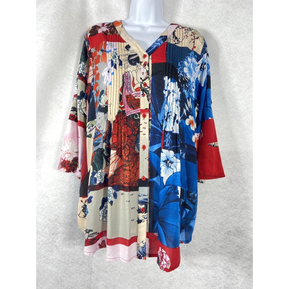 Orientique Naturally Australian Top Women's Medium Blue Button Up Floral Art New